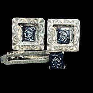 Silver Tone & Intaglio Cut Hematite Ancient Warriors Cufflinks And Tie Bar (5024
